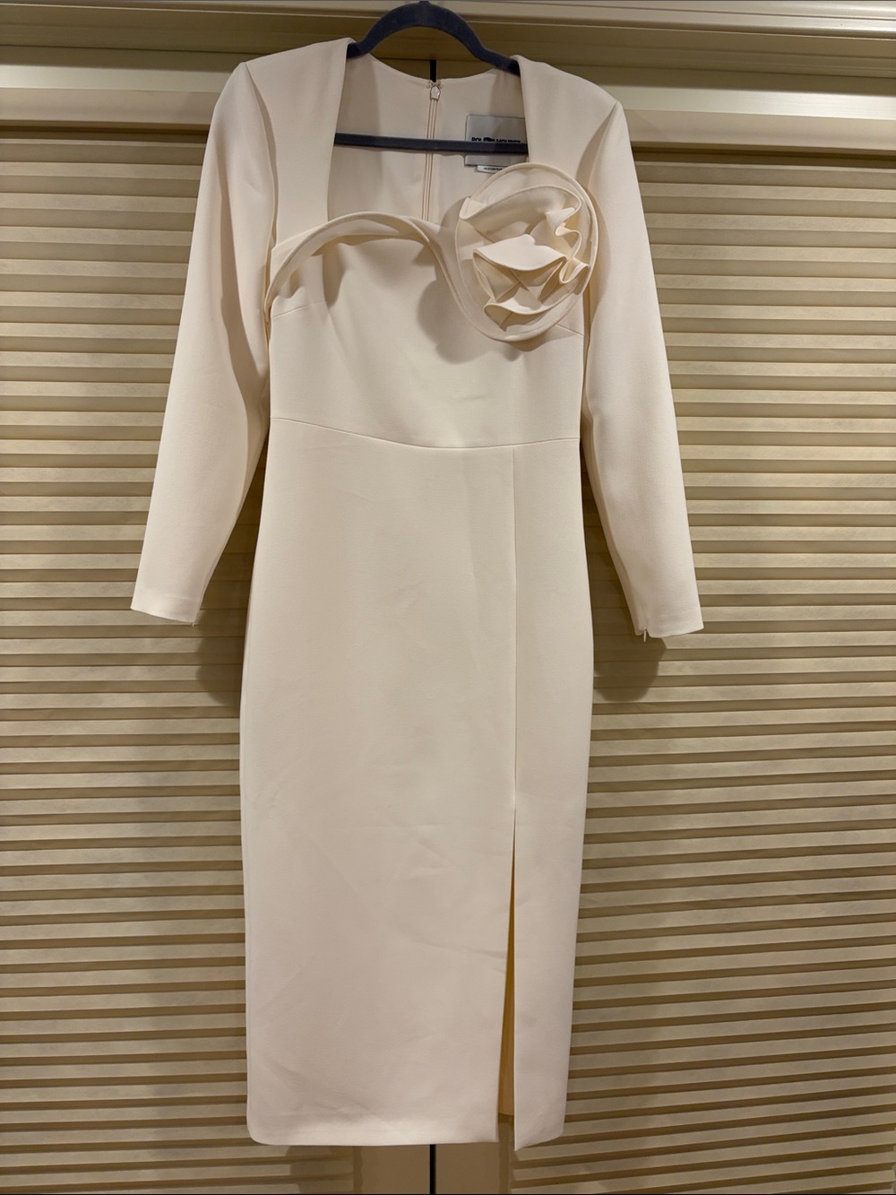 NWOT Roland Mouret Cream Long-Sleeve Midi Dress with Floral Rosette, Size US 6